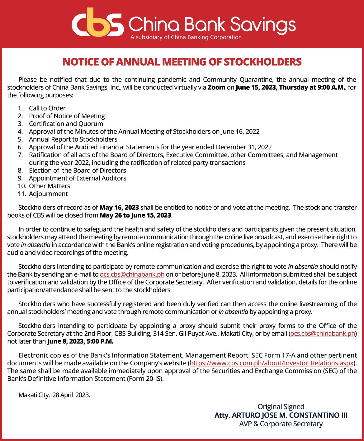 Notice of Annual Meeting of Stockholders